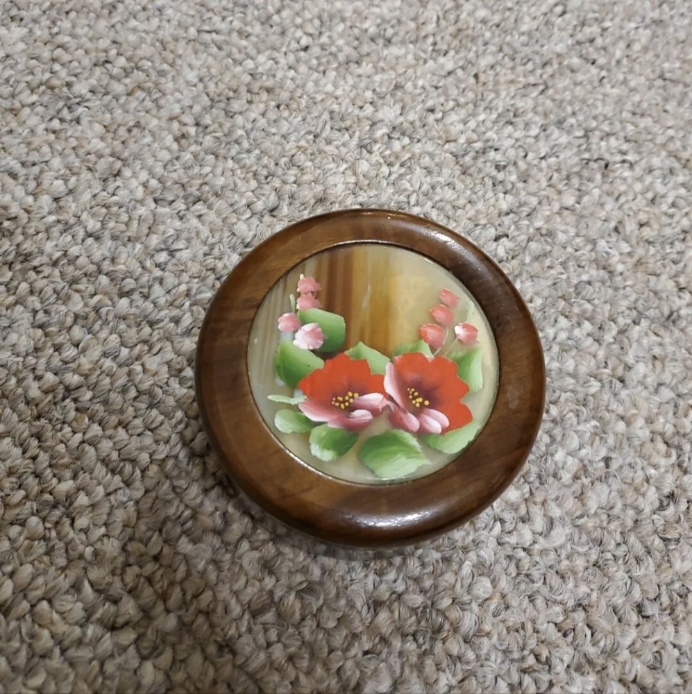 Woodstones Wooden Floral Hand Painted Made In Brazil Agate Stone Trinket Box